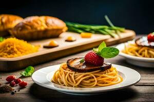 espaguete com carne e bagas em uma de madeira mesa. gerado por IA foto