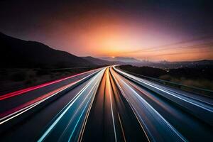 uma grandes exposição fotografia do uma rodovia às pôr do sol. gerado por IA foto