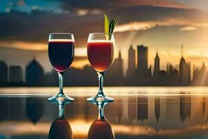 dois óculos do vermelho vinho com uma cidade Horizonte dentro a fundo. gerado por IA foto