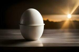 a ovo sentado em uma mesa com a Sol brilhando atrás isto. gerado por IA foto