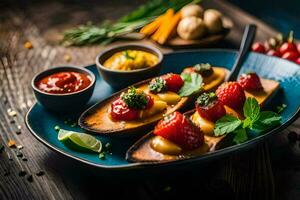 cozido recheado pimentas com tomates e queijo em uma azul placa. gerado por IA foto