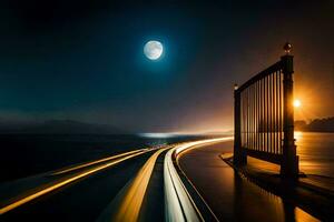 uma grandes exposição foto do uma trem indo baixa uma rastrear às noite. gerado por IA