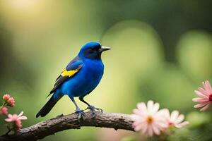 uma azul pássaro com amarelo e Preto penas. gerado por IA foto