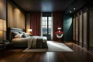 uma quarto com de madeira pavimentos e uma cama. gerado por IA foto