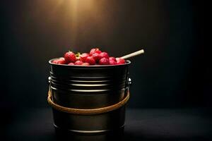 uma balde preenchidas com cerejas em uma Preto fundo. gerado por IA foto