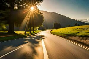 uma estrada dentro a montanhas com a Sol brilhando. gerado por IA foto