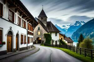 uma estrada dentro a montanhas com uma Igreja e montanhas dentro a fundo. gerado por IA foto