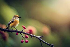 uma pequeno pássaro é sentado em uma ramo com bagas. gerado por IA foto