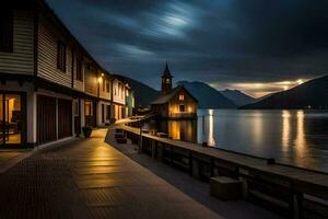 uma Igreja é dentro a meio do uma lago às noite. gerado por IA foto
