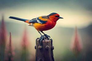 uma colorida pássaro é empoleirado em uma de madeira publicar. gerado por IA foto