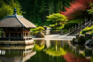 uma japonês jardim com uma pavilhão e uma lago. gerado por IA foto