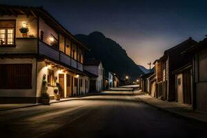 uma rua dentro a montanhas às noite. gerado por IA foto