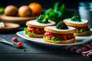 dois sanduíches com tomates e brócolis em uma placa. gerado por IA foto