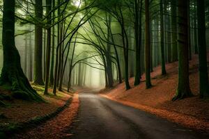 uma estrada dentro a meio do uma floresta com árvores gerado por IA foto