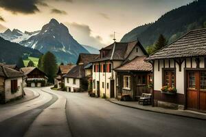 uma rua dentro a Alpes com montanhas dentro a fundo. gerado por IA foto