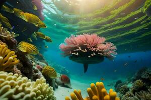 uma coral recife com muitos peixe e corais. gerado por IA foto