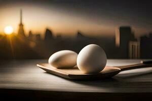 dois ovos em uma de madeira bandeja com uma paisagem urbana dentro a fundo. gerado por IA foto