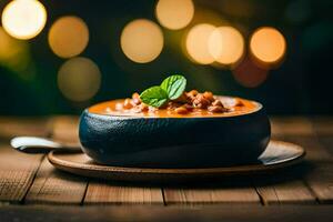 uma tigela do sopa com uma colher em uma de madeira mesa. gerado por IA foto