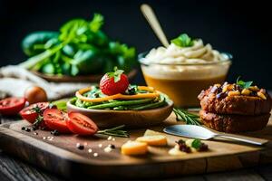 uma prato do Comida com legumes e de outros ingredientes. gerado por IA foto