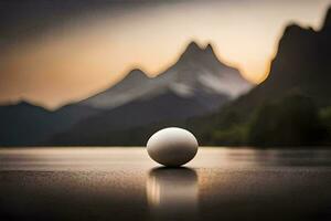 uma branco bola senta em a terra dentro frente do uma lago. gerado por IA foto