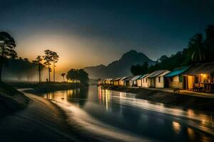 foto papel de parede a céu, água, montanhas, árvores, rio, a noite, a rio,. gerado por IA