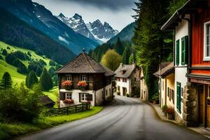 uma estrada dentro a montanhas com casas e árvores gerado por IA foto