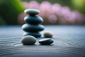 zen pedras em uma de madeira mesa. gerado por IA foto