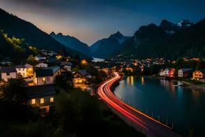 uma Cidade e rio às noite. gerado por IA foto