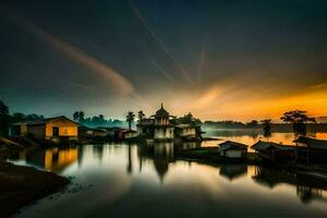 uma lindo nascer do sol sobre uma lago com casas dentro a fundo. gerado por IA foto