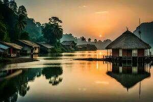 uma rio com colmo cabanas e uma pôr do sol. gerado por IA foto