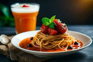 espaguete com tomate molho e fresco morangos em uma placa. gerado por IA foto
