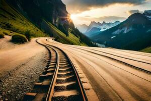 uma trem rastrear enrolamento através a montanhas. gerado por IA foto