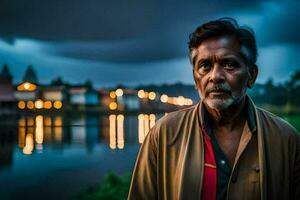 a indiano homem em pé dentro frente do uma rio. gerado por IA foto