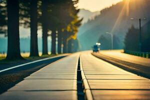 uma grandes estrada com árvores e a Sol configuração atrás isto. gerado por IA foto