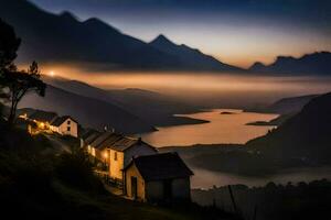 uma pequeno Vila dentro a montanhas às crepúsculo. gerado por IA foto
