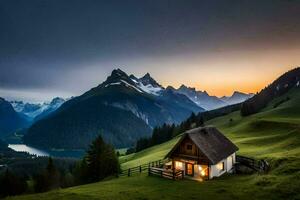 a casa dentro a montanhas. gerado por IA foto