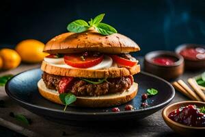 uma Hamburger com tomates e queijo em uma placa. gerado por IA foto