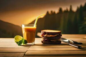 uma sanduíche e suco em uma mesa com uma montanha dentro a fundo. gerado por IA foto