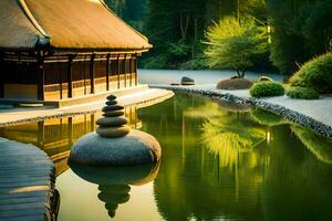 uma japonês jardim com uma lagoa e pedras. gerado por IA foto