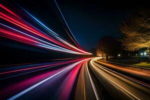 luz trilhas em a estrada às noite. gerado por IA foto