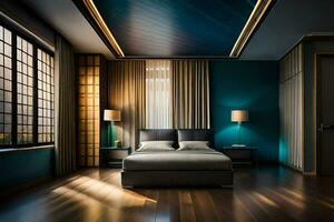 uma moderno quarto com azul paredes e de madeira andares. gerado por IA foto