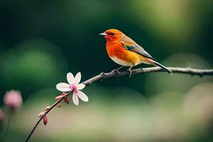 uma pequeno laranja pássaro senta em uma ramo com uma Rosa flor. gerado por IA foto