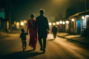 uma família caminhando baixa a rua às noite. gerado por IA foto