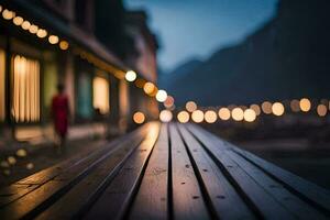 uma de madeira Banco com luzes em a lado. gerado por IA foto