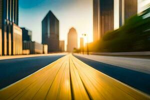 uma embaçado imagem do uma cidade rua com uma amarelo linha. gerado por IA foto