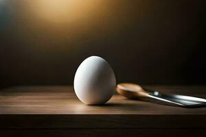 a ovo senta em uma mesa com uma faca e garfo. gerado por IA foto