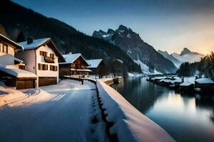 uma rio e casas dentro a neve. gerado por IA foto