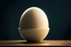 a ovo sentado em uma mesa dentro frente do uma Sombrio fundo. gerado por IA foto