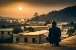 uma homem sentado em a terra dentro frente do uma cidade às pôr do sol. gerado por IA foto