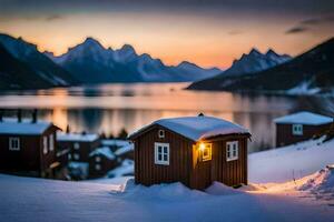 uma pequeno cabine senta dentro a neve com uma lago dentro a fundo. gerado por IA foto